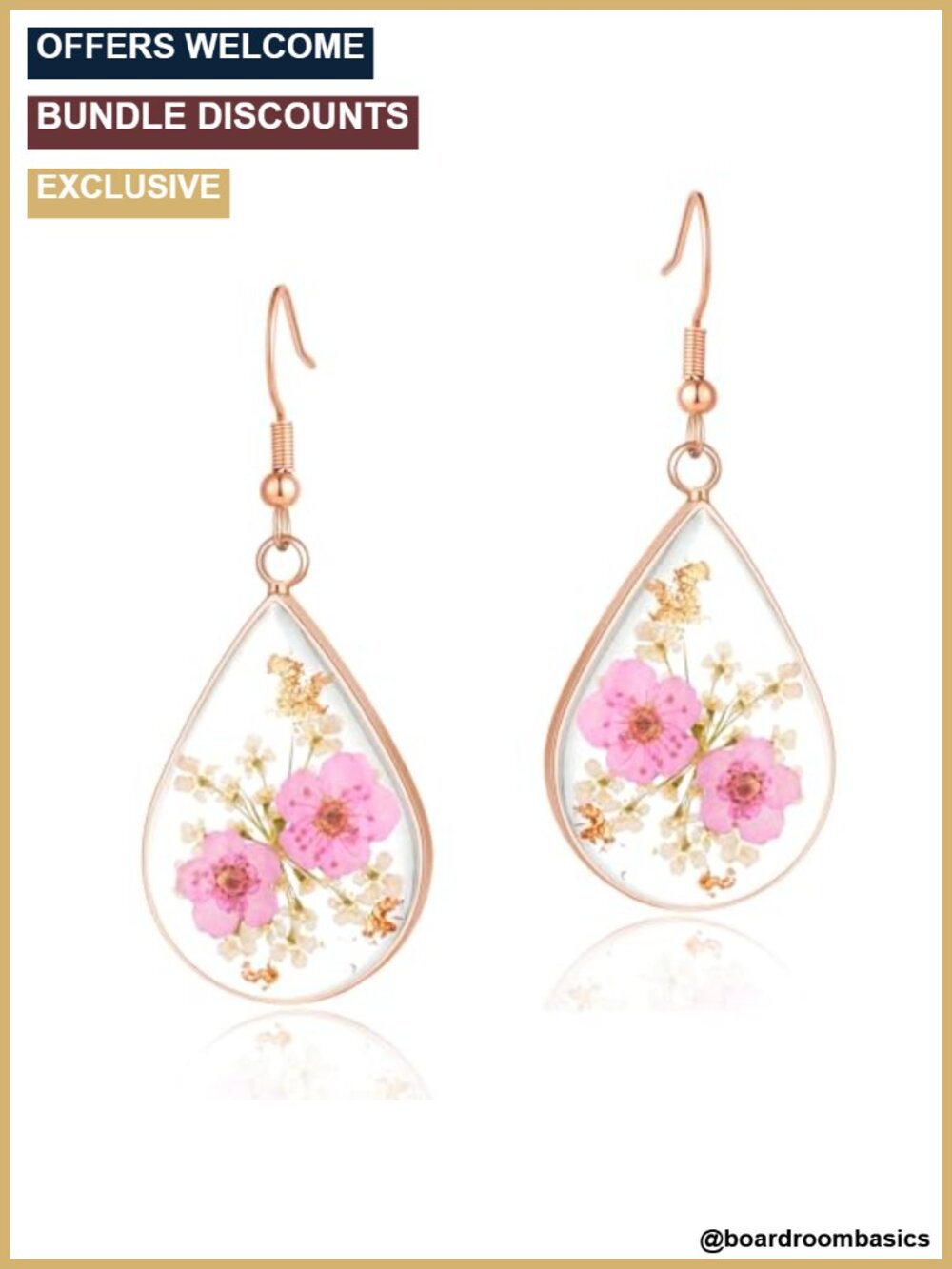 Handmade Real Pressed Flower Dangle Earrings Gold Plated
